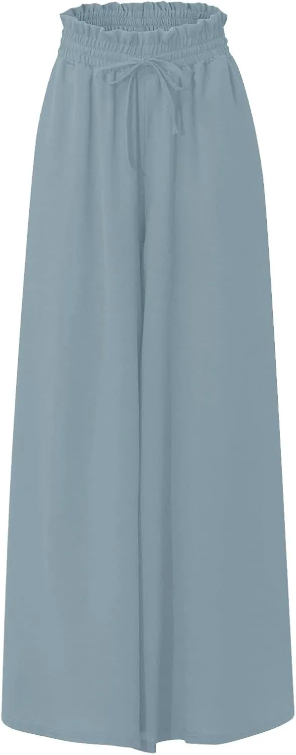 Wide Leg Pants Woman Drawstring Elastic Waist Flowy Palazzo Pants with Pockets Beach Vacation Skirt Pants Culottes
