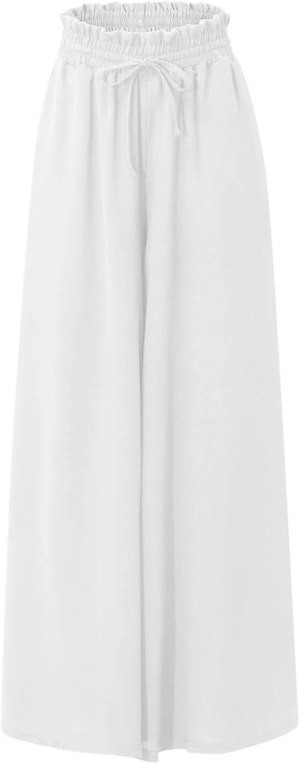 Wide Leg Pants Woman Drawstring Elastic Waist Flowy Palazzo Pants with Pockets Beach Vacation Skirt Pants Culottes
