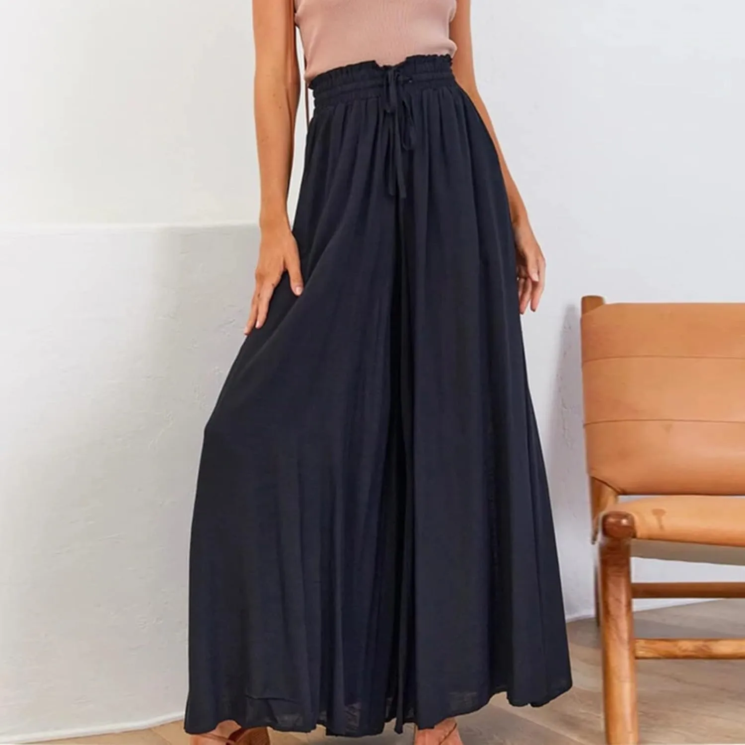 Wide Leg Pants Woman Drawstring Elastic Waist Flowy Palazzo Pants with Pockets Beach Vacation Skirt Pants Culottes