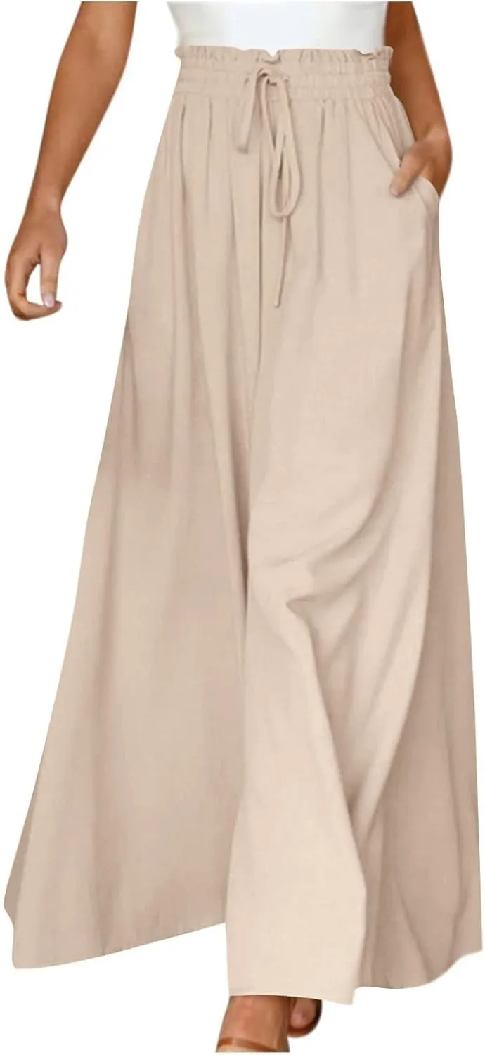 Wide Leg Pants Woman Drawstring Elastic Waist Flowy Palazzo Pants with Pockets Beach Vacation Skirt Pants Culottes