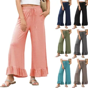 Wide Leg Pants Woman Drawstring High Waisted Ruffle Hem Palazzo Pants Casual Flowy Beach Pants Culottes with Pockets