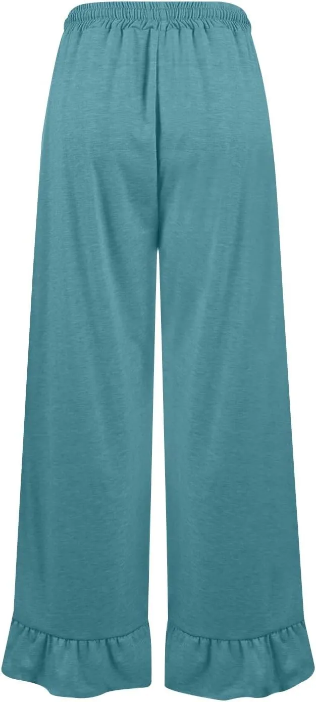 Wide Leg Pants Woman Drawstring High Waisted Ruffle Hem Palazzo Pants Casual Flowy Beach Pants Culottes with Pockets