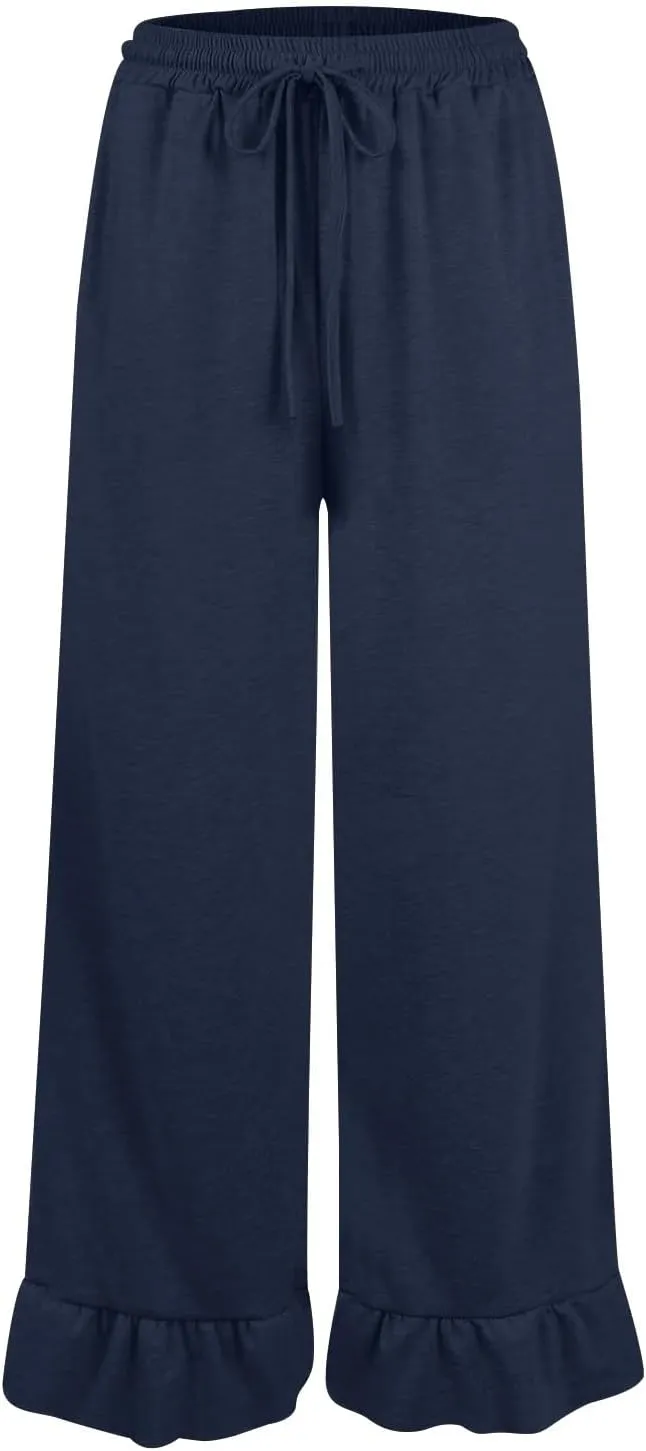 Wide Leg Pants Woman Drawstring High Waisted Ruffle Hem Palazzo Pants Casual Flowy Beach Pants Culottes with Pockets