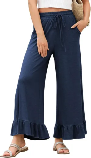 Wide Leg Pants Woman Drawstring High Waisted Ruffle Hem Palazzo Pants Casual Flowy Beach Pants Culottes with Pockets