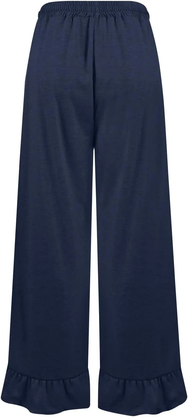 Wide Leg Pants Woman Drawstring High Waisted Ruffle Hem Palazzo Pants Casual Flowy Beach Pants Culottes with Pockets