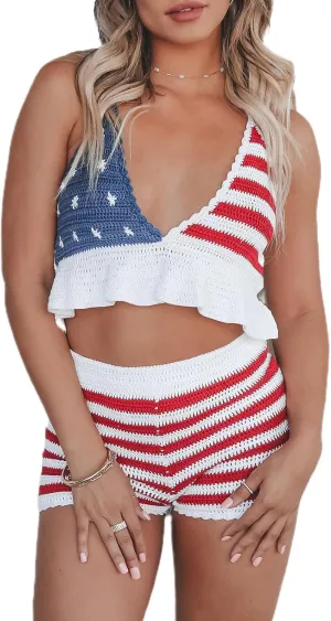 Women 2 Piece Crochet Set Y2K Sexy Hollow Out Tie Up Halter Knit Cami Tank Top Shorts Summer Beach Outfits