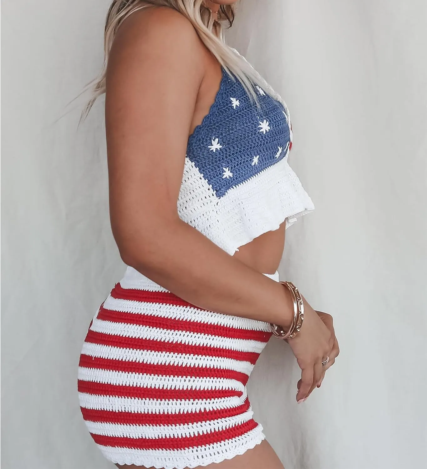 Women 2 Piece Crochet Set Y2K Sexy Hollow Out Tie Up Halter Knit Cami Tank Top Shorts Summer Beach Outfits
