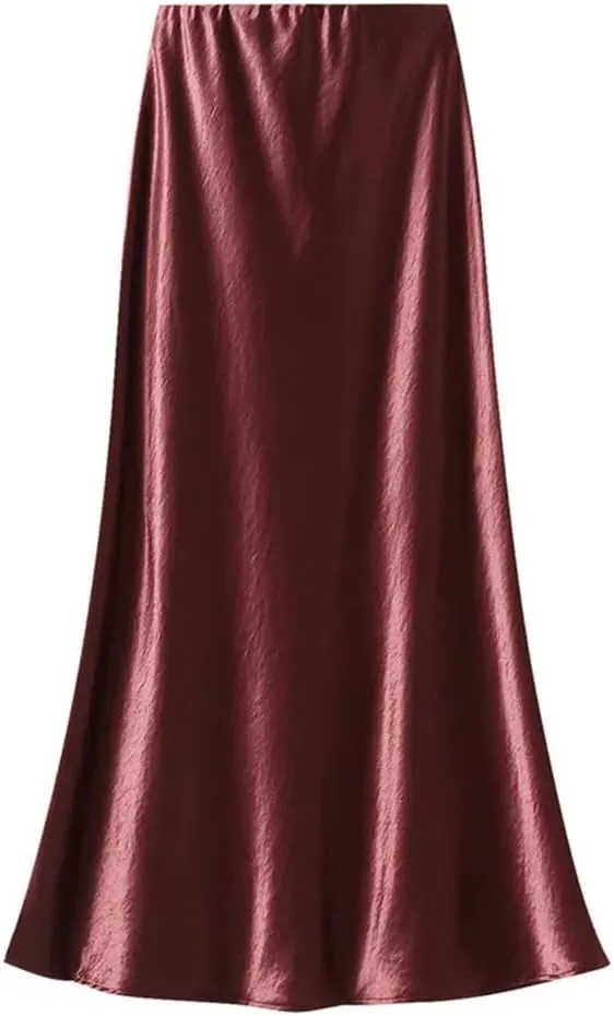 Women Autumn Fashion Slim Fit Skirts Pleated Flowing Satin Tight Midi Skirt Party Skirt