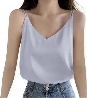 Women Basic Silk Tank Tops Ladies V-Neck Satin Camisole Loose Sleeveless Silky Sling Blouse Lace Trimmed Cami Shirt
