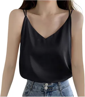 Women Basic Silk Tank Tops Ladies V-Neck Satin Camisole Loose Sleeveless Silky Sling Blouse Lace Trimmed Cami Shirt
