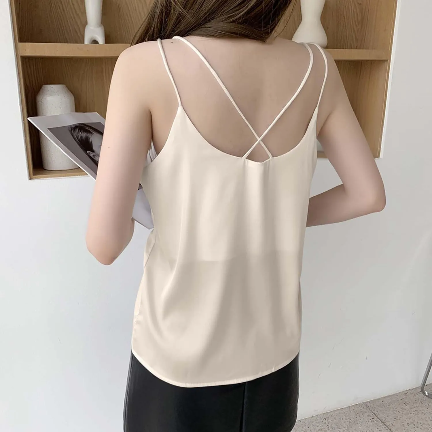 Women Basic Silk Tank Tops Ladies V-Neck Satin Camisole Loose Sleeveless Silky Sling Blouse Lace Trimmed Cami Shirt
