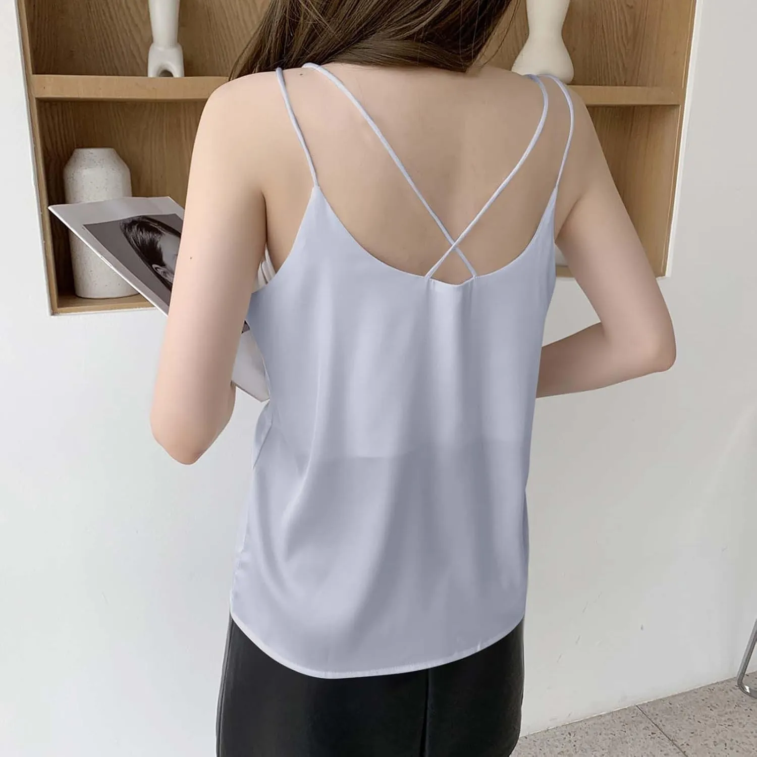 Women Basic Silk Tank Tops Ladies V-Neck Satin Camisole Loose Sleeveless Silky Sling Blouse Lace Trimmed Cami Shirt