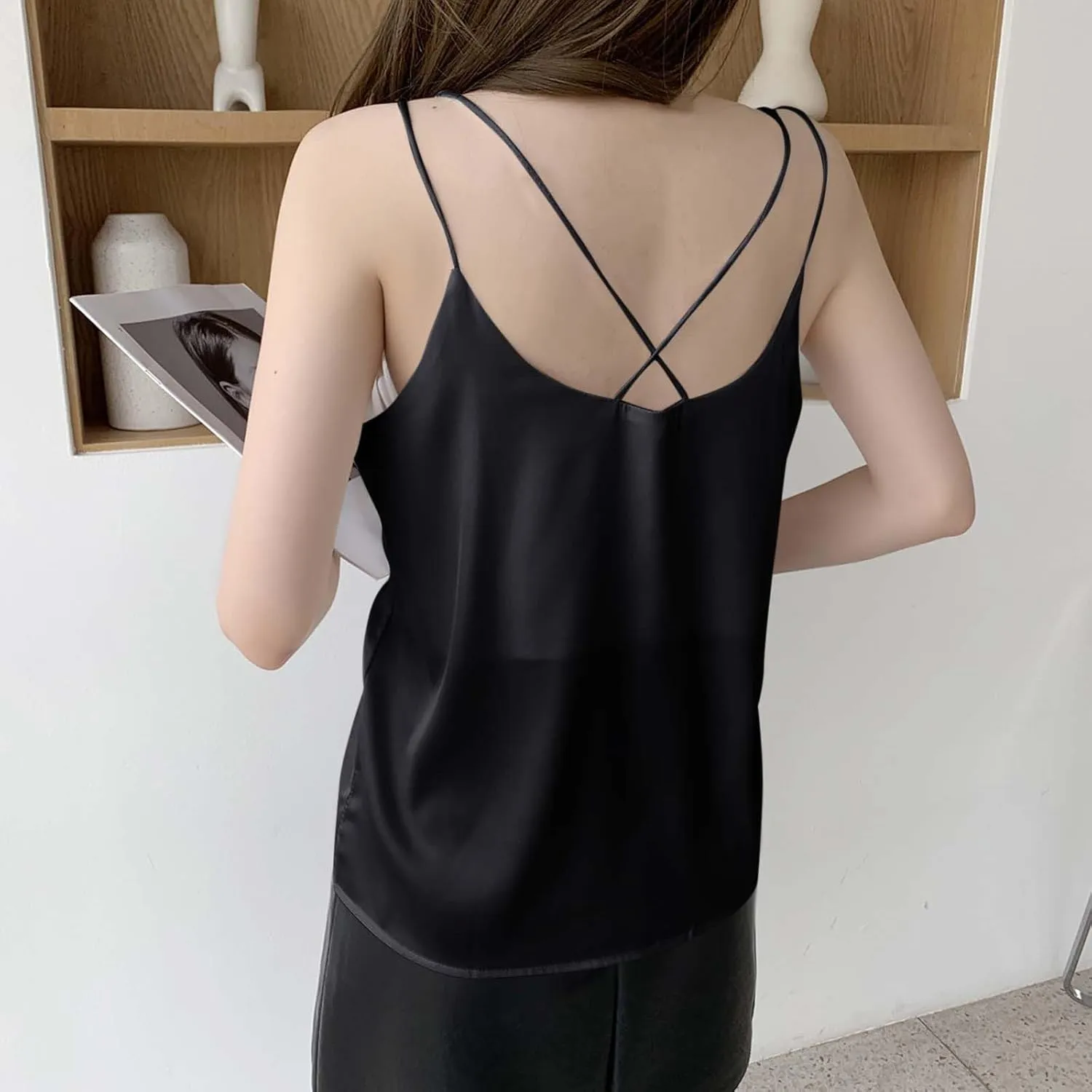 Women Basic Silk Tank Tops Ladies V-Neck Satin Camisole Loose Sleeveless Silky Sling Blouse Lace Trimmed Cami Shirt