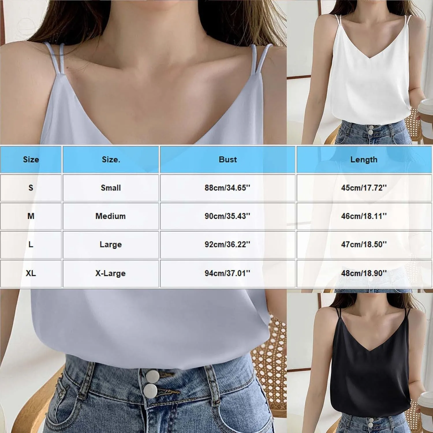 Women Basic Silk Tank Tops Ladies V-Neck Satin Camisole Loose Sleeveless Silky Sling Blouse Lace Trimmed Cami Shirt