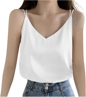 Women Basic Silk Tank Tops Ladies V-Neck Satin Camisole Loose Sleeveless Silky Sling Blouse Lace Trimmed Cami Shirt