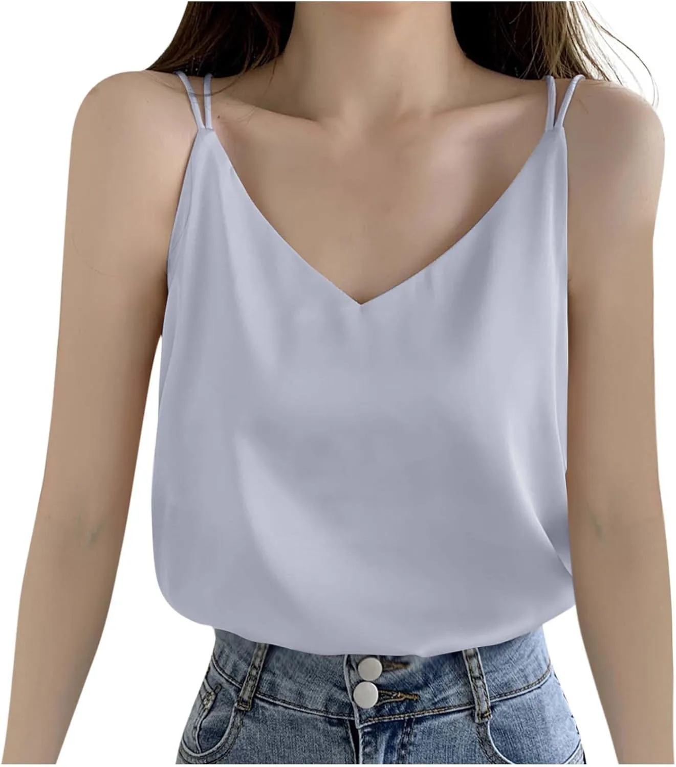 Women Basic Silk Tank Tops Ladies V-Neck Satin Camisole Loose Sleeveless Silky Sling Blouse Lace Trimmed Cami Shirt