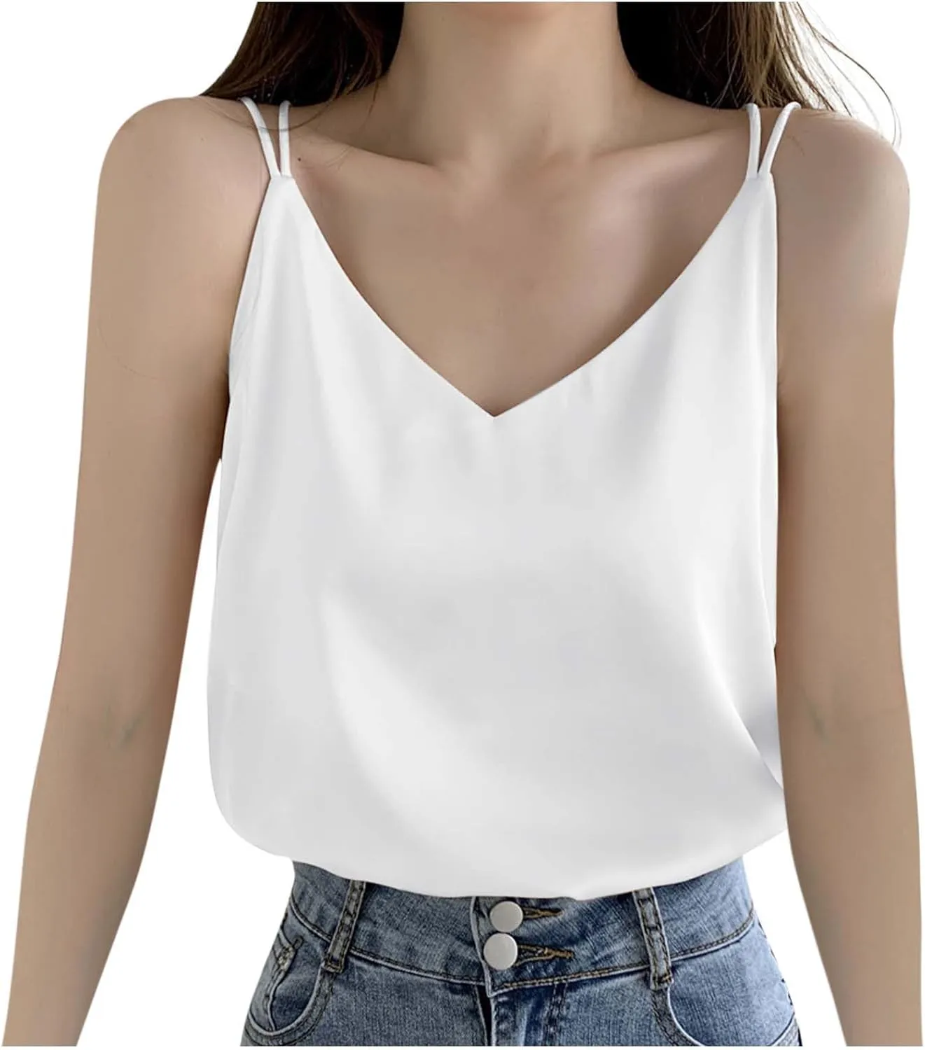 Women Basic Silk Tank Tops Ladies V-Neck Satin Camisole Loose Sleeveless Silky Sling Blouse Lace Trimmed Cami Shirt