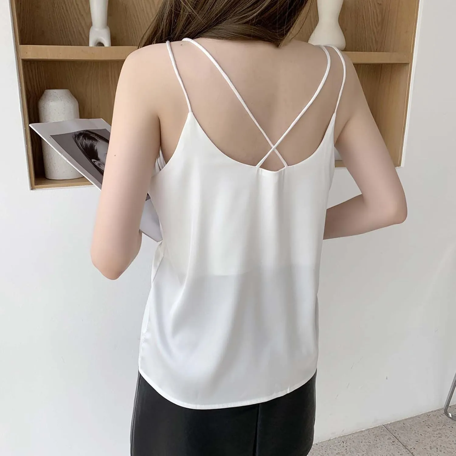 Women Basic Silk Tank Tops Ladies V-Neck Satin Camisole Loose Sleeveless Silky Sling Blouse Lace Trimmed Cami Shirt