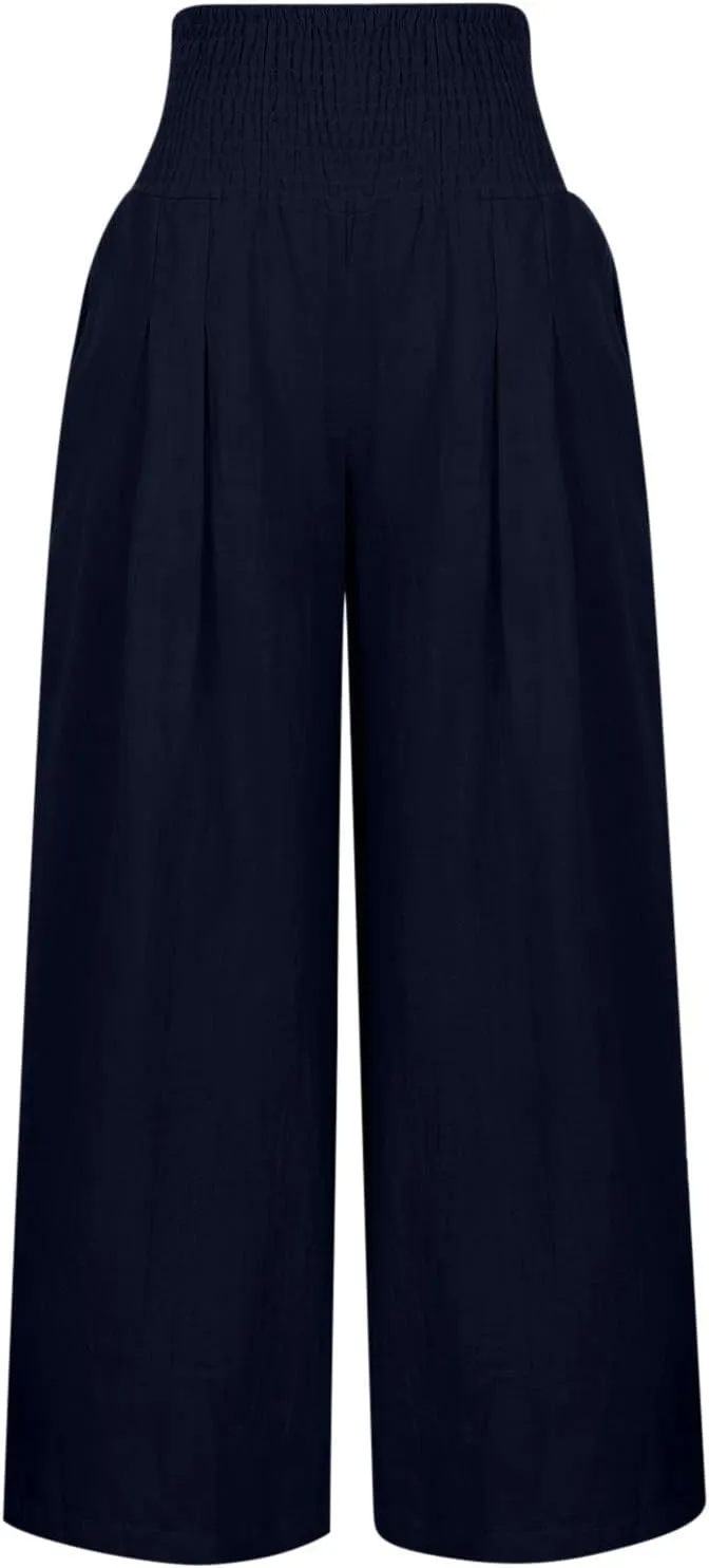 Women Cotton Linen Pants Smocked Waist Trousers Wide-Leg Slacks Loose Flowy Capri Pants Summe Casual Palazzo Lounge Pants