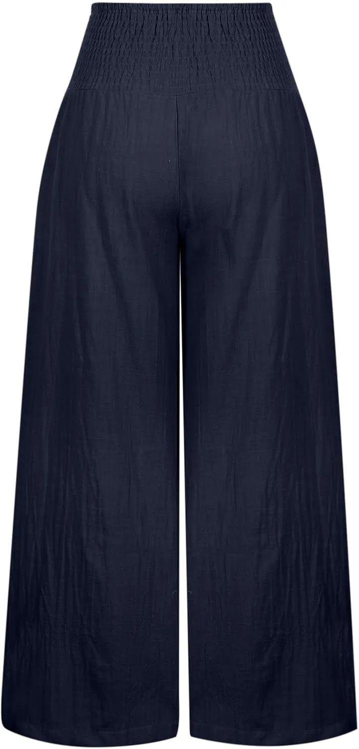 Women Cotton Linen Pants Smocked Waist Trousers Wide-Leg Slacks Loose Flowy Capri Pants Summe Casual Palazzo Lounge Pants