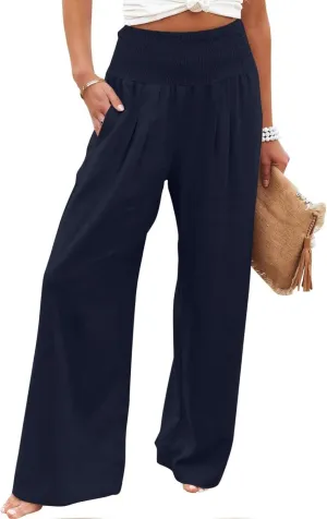 Women Cotton Linen Pants Smocked Waist Trousers Wide-Leg Slacks Loose Flowy Capri Pants Summe Casual Palazzo Lounge Pants