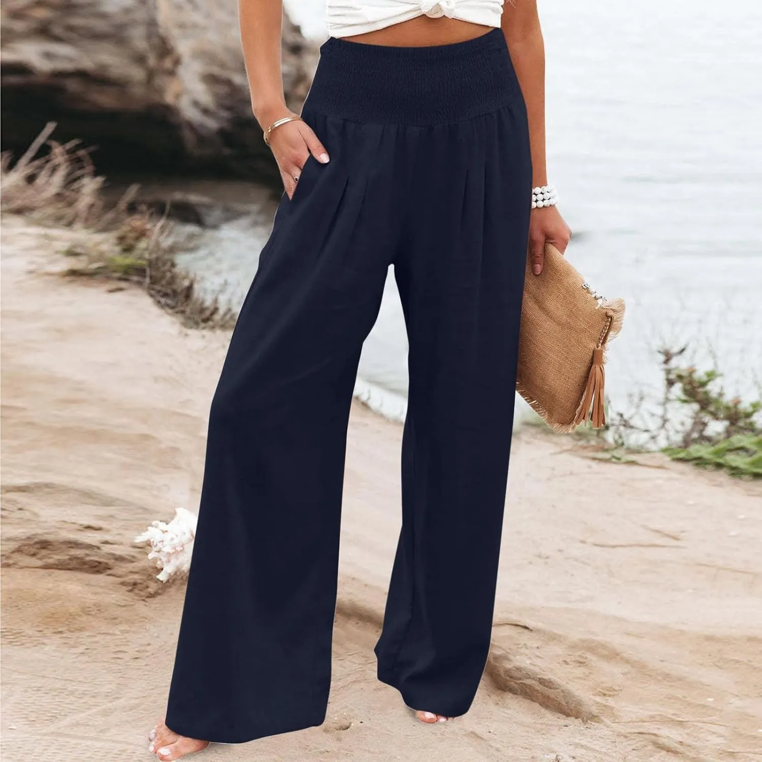 Women Cotton Linen Pants Smocked Waist Trousers Wide-Leg Slacks Loose Flowy Capri Pants Summe Casual Palazzo Lounge Pants