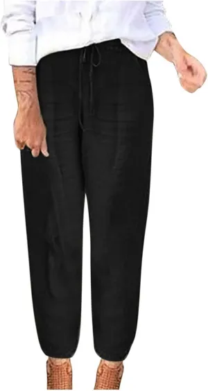 Women Cotton Linen Trousers Casual Pants Solid Color Summer Pants Drawstring Yoga Pants Elasticated Waist Bottoms