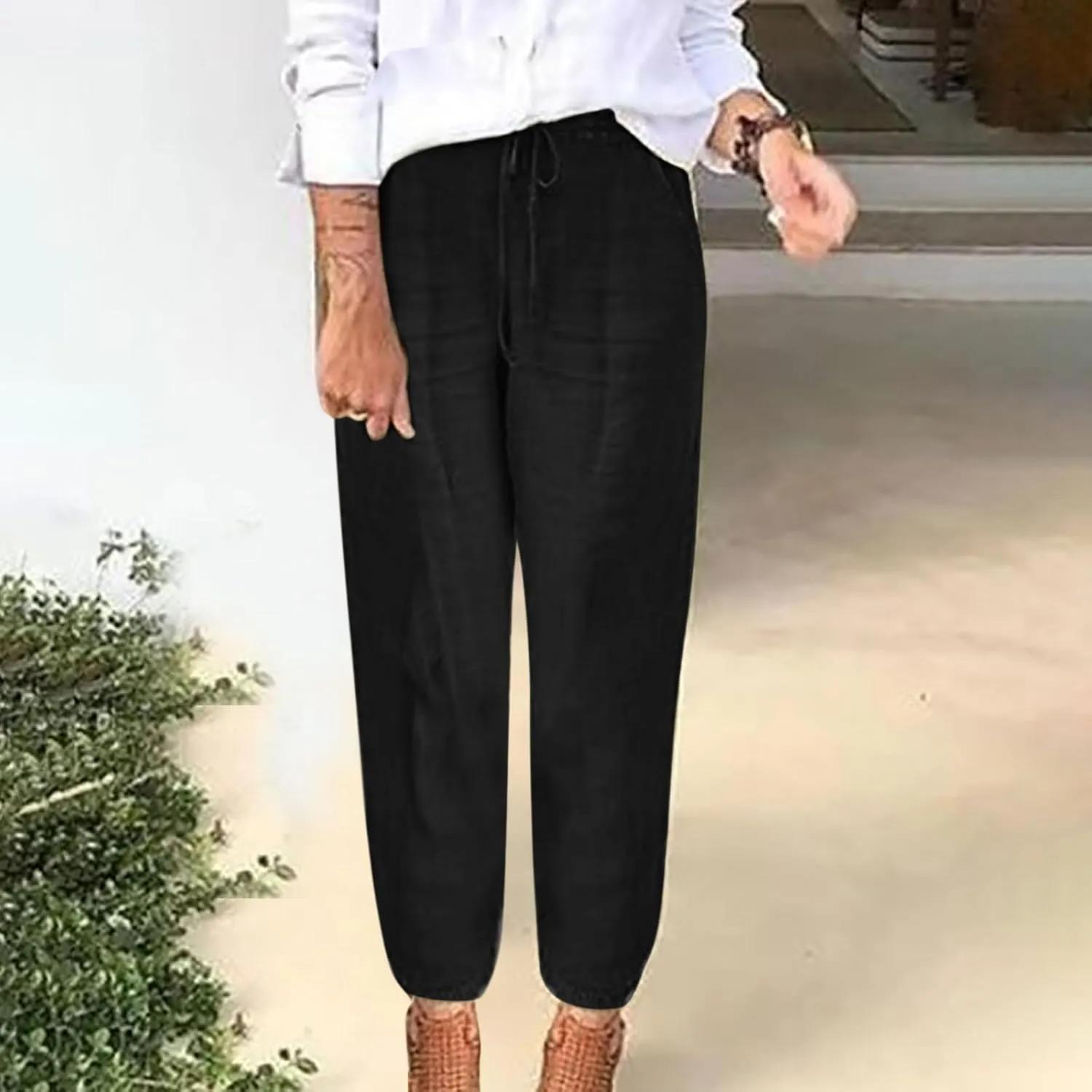 Women Cotton Linen Trousers Casual Pants Solid Color Summer Pants Drawstring Yoga Pants Elasticated Waist Bottoms