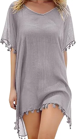 Women Cover Up Dress Tassel Swimsuit Coverup Short Sleeve Womens Beach Cover Ups V Neck Beach Plus Size Swimwear Dress White