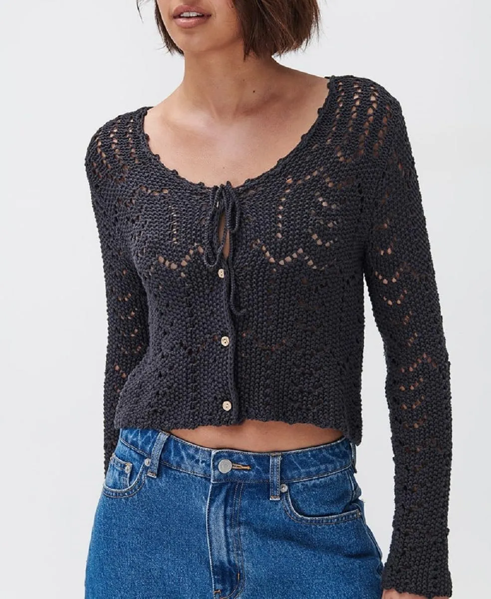 Women Crochet Cardigan Lightweight Long Sleeve Button Down Knit Shirt Y2K Hollow Out Sweater Top