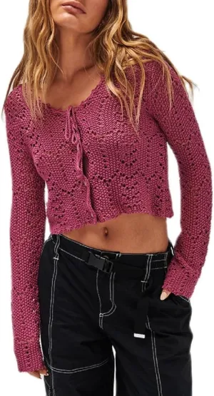 Women Crochet Cardigan Lightweight Long Sleeve Button Down Knit Shirt Y2K Hollow Out Sweater Top