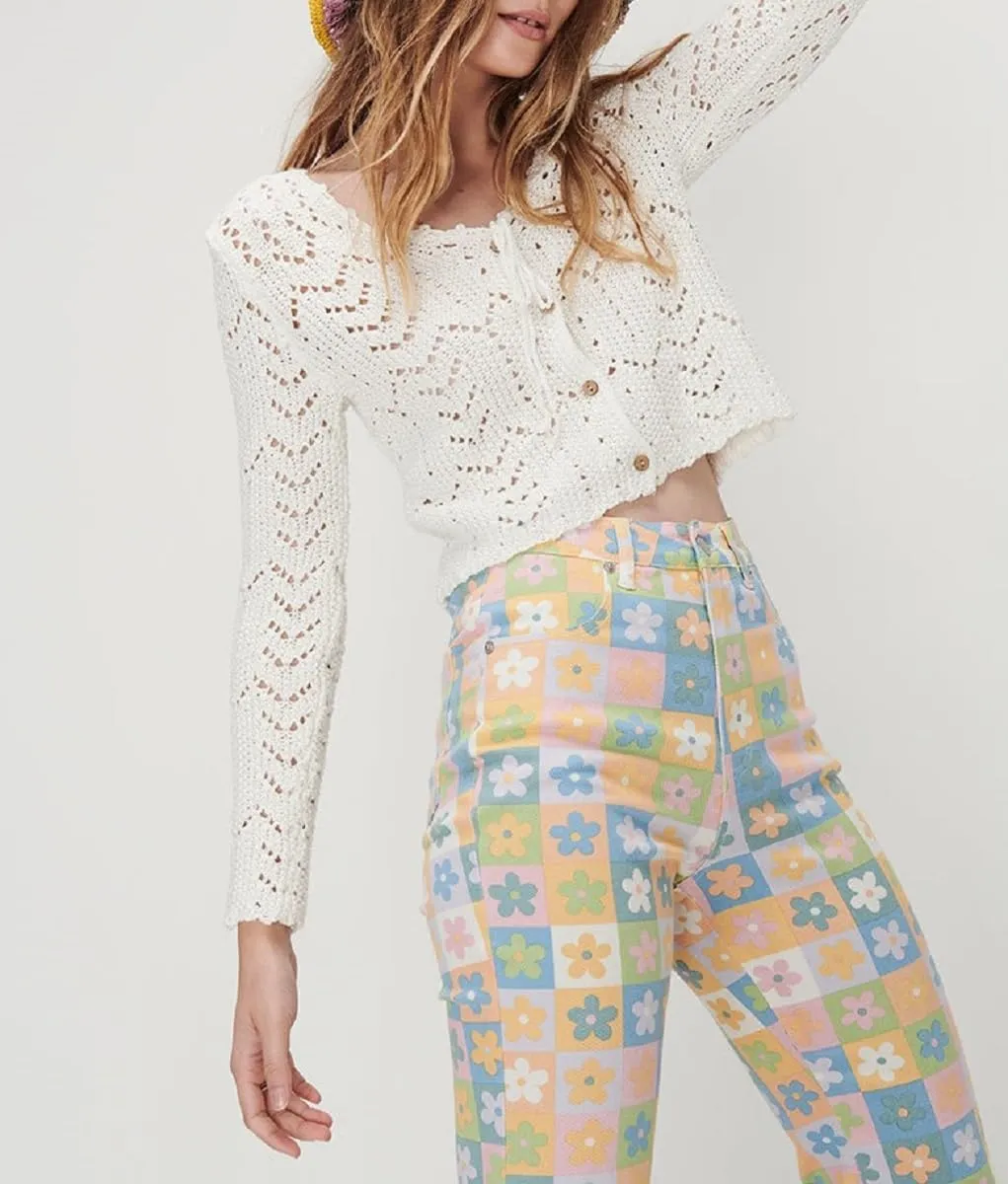 Women Crochet Cardigan Lightweight Long Sleeve Button Down Knit Shirt Y2K Hollow Out Sweater Top