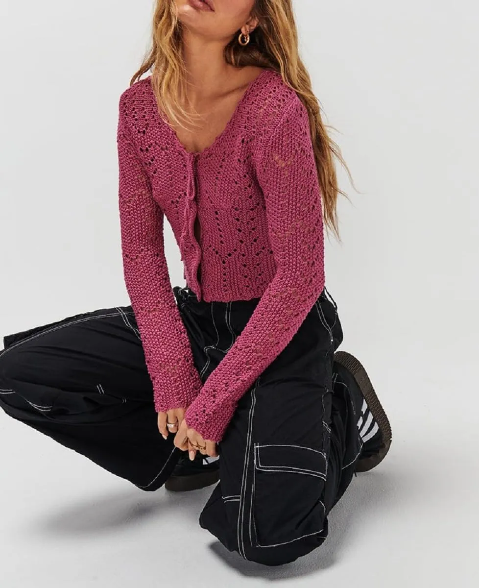 Women Crochet Cardigan Lightweight Long Sleeve Button Down Knit Shirt Y2K Hollow Out Sweater Top