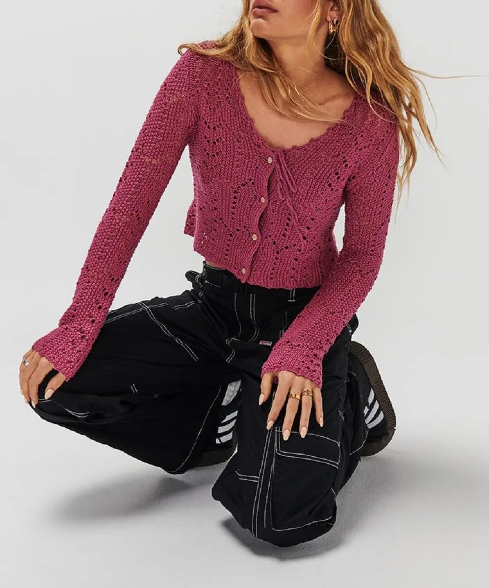 Women Crochet Cardigan Lightweight Long Sleeve Button Down Knit Shirt Y2K Hollow Out Sweater Top