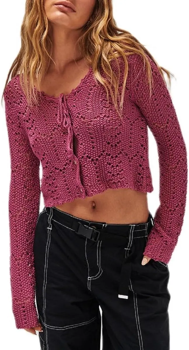 Women Crochet Cardigan Lightweight Long Sleeve Button Down Knit Shirt Y2K Hollow Out Sweater Top