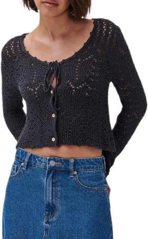Women Crochet Cardigan Lightweight Long Sleeve Button Down Knit Shirt Y2K Hollow Out Sweater Top