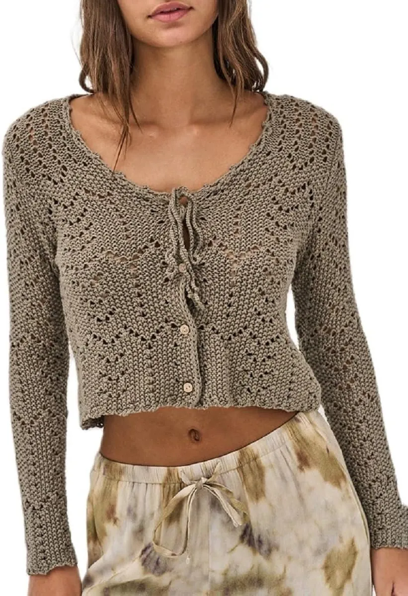 Women Crochet Cardigan Lightweight Long Sleeve Button Down Knit Shirt Y2K Hollow Out Sweater Top
