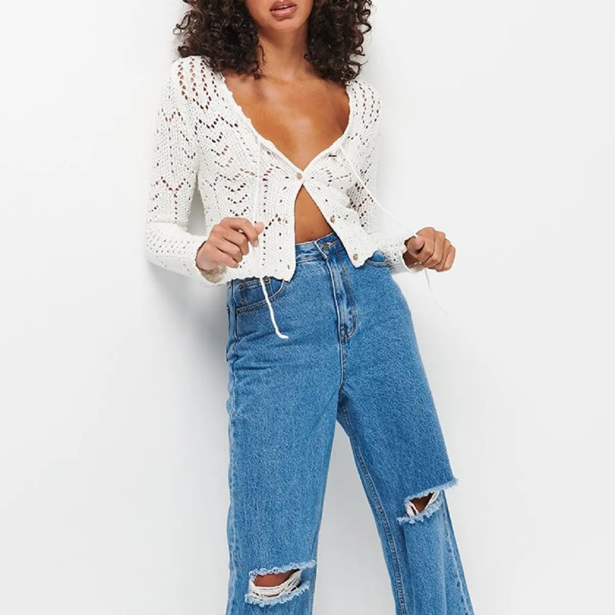 Women Crochet Cardigan Lightweight Long Sleeve Button Down Knit Shirt Y2K Hollow Out Sweater Top