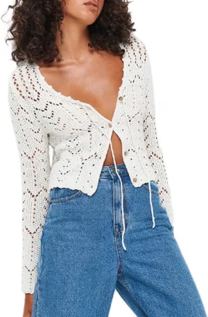 Women Crochet Cardigan Lightweight Long Sleeve Button Down Knit Shirt Y2K Hollow Out Sweater Top