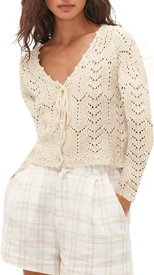 Women Crochet Cardigan Lightweight Long Sleeve Button Down Knit Shirt Y2K Hollow Out Sweater Top