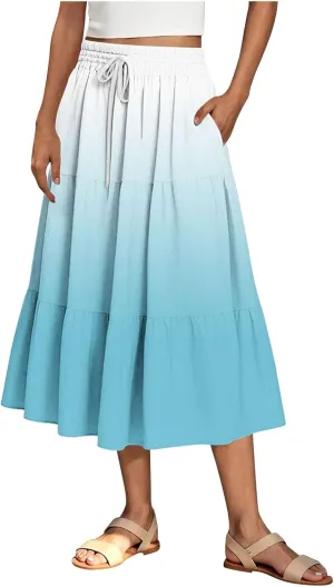 Women Floral Hawaiian Midi Skirts 2025 Summer Casual High Waist Pleated Half Dress Bohemian Skirt Beachwear