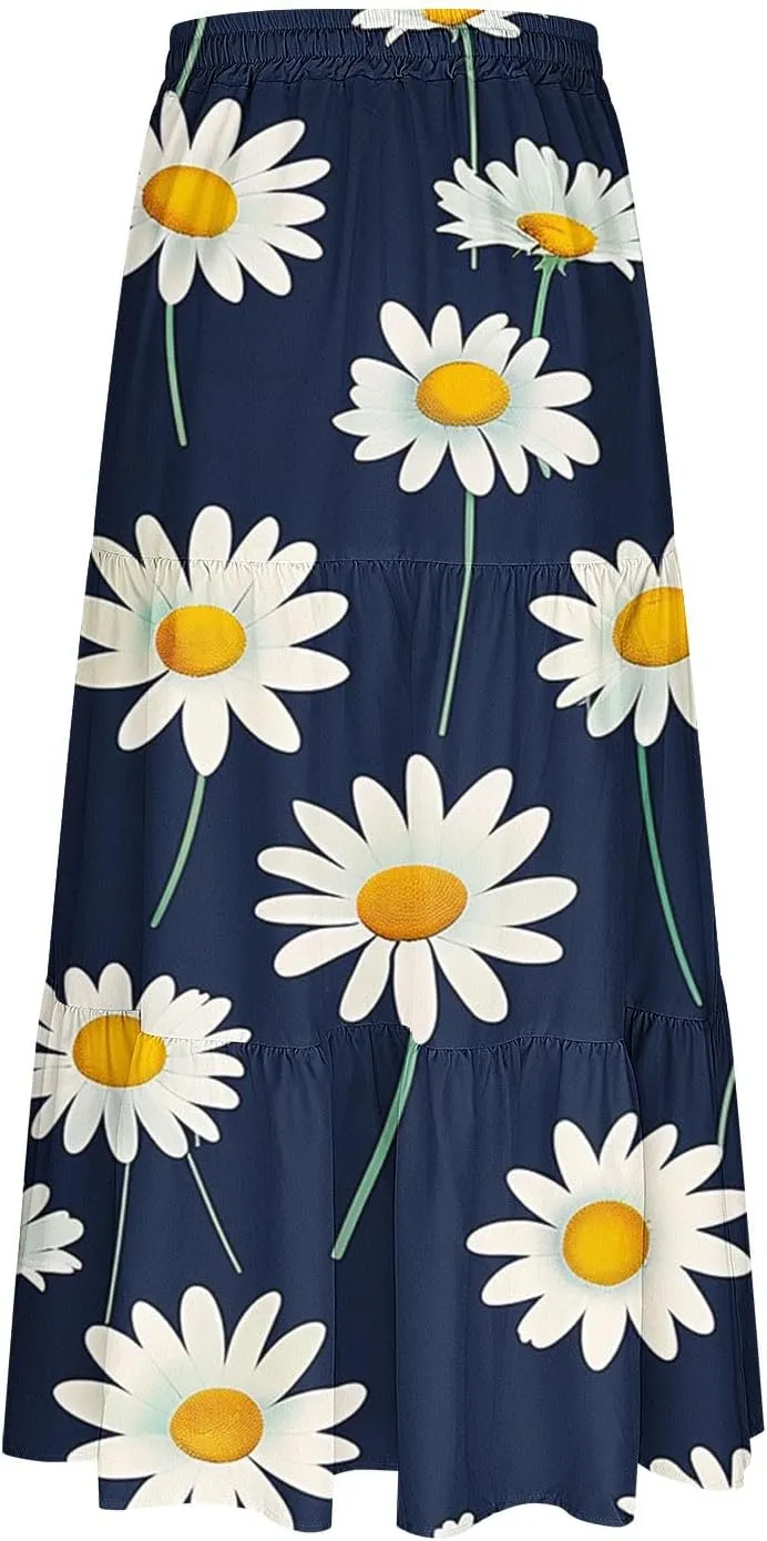 Women Floral Hawaiian Midi Skirts 2025 Summer Casual High Waist Pleated Half Dress Bohemian Skirt Beachwear