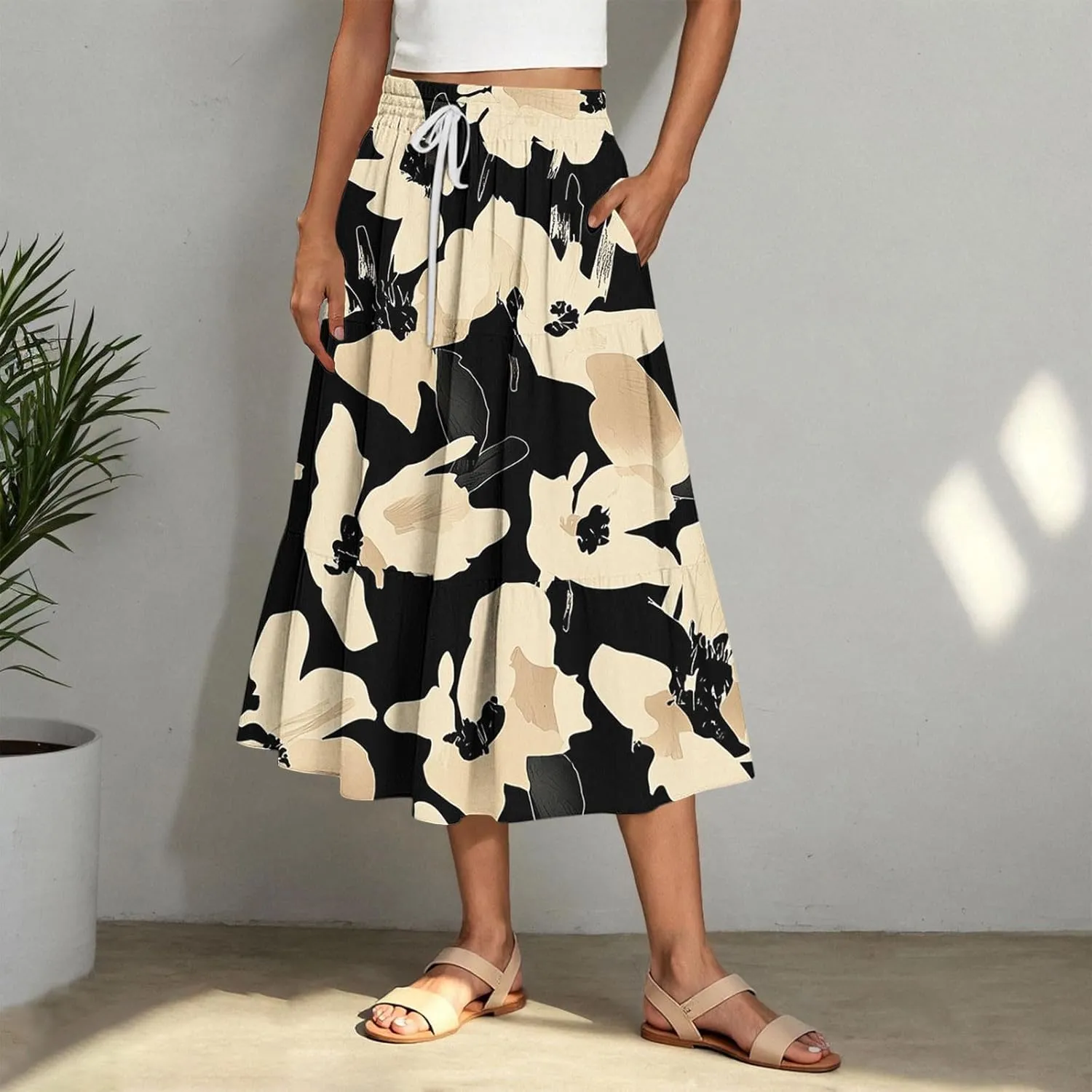 Women Floral Hawaiian Midi Skirts 2025 Summer Casual High Waist Pleated Half Dress Bohemian Skirt Beachwear