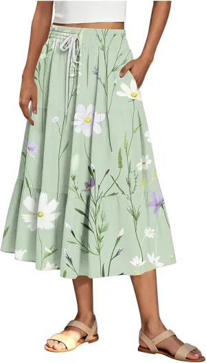 Women Floral Hawaiian Midi Skirts 2025 Summer Casual High Waist Pleated Half Dress Bohemian Skirt Beachwear
