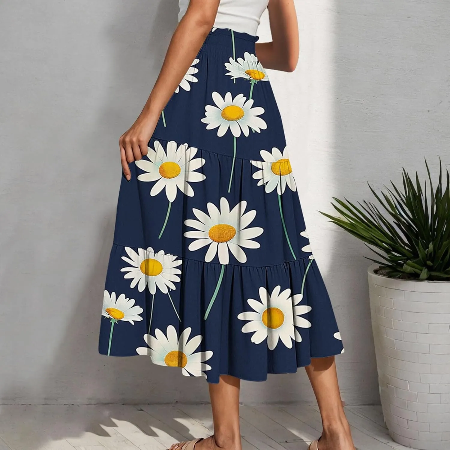 Women Floral Hawaiian Midi Skirts 2025 Summer Casual High Waist Pleated Half Dress Bohemian Skirt Beachwear