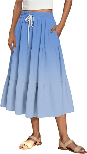 Women Floral Hawaiian Midi Skirts 2025 Summer Casual High Waist Pleated Half Dress Bohemian Skirt Beachwear