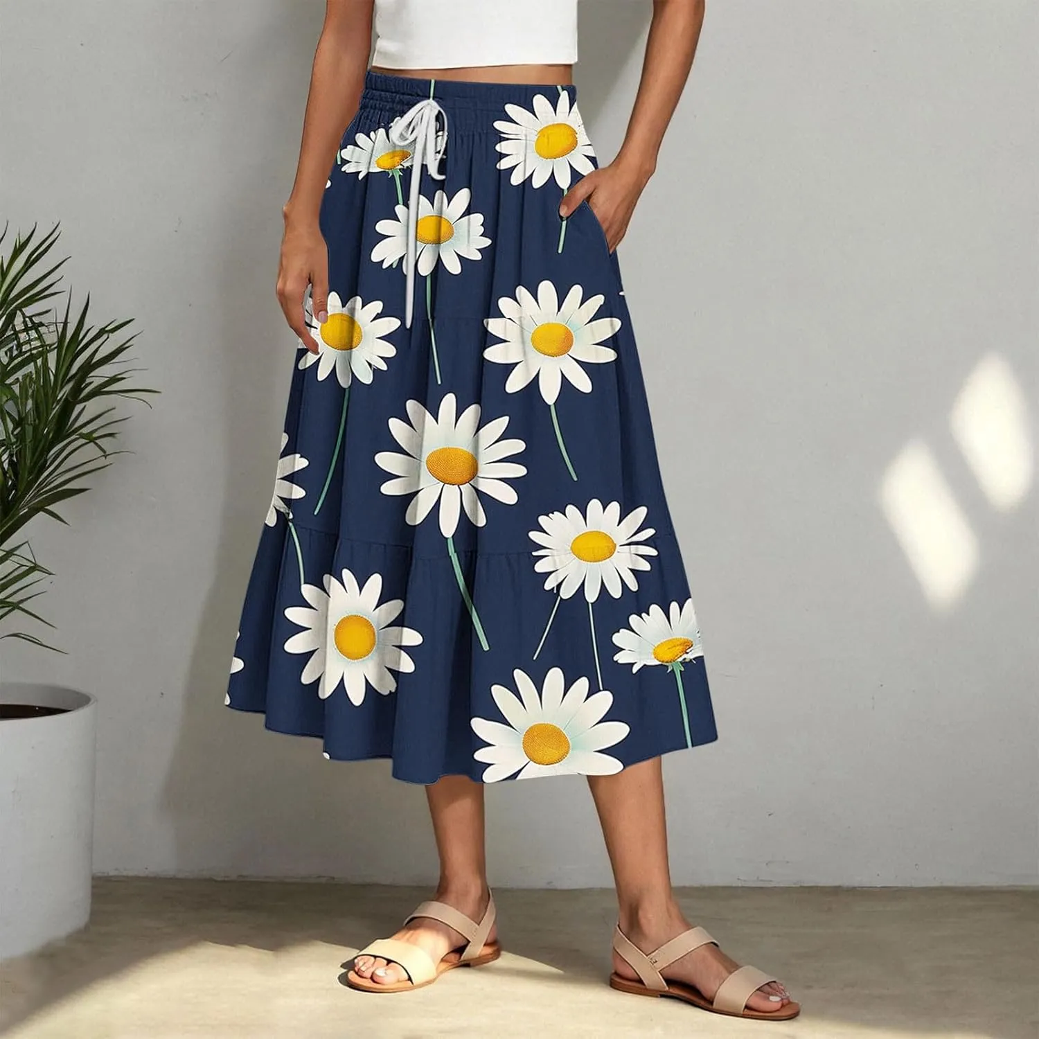Women Floral Hawaiian Midi Skirts 2025 Summer Casual High Waist Pleated Half Dress Bohemian Skirt Beachwear