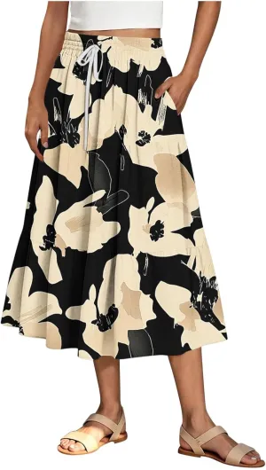 Women Floral Hawaiian Midi Skirts 2025 Summer Casual High Waist Pleated Half Dress Bohemian Skirt Beachwear