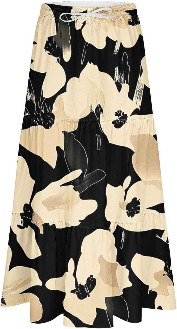 Women Floral Hawaiian Midi Skirts 2025 Summer Casual High Waist Pleated Half Dress Bohemian Skirt Beachwear