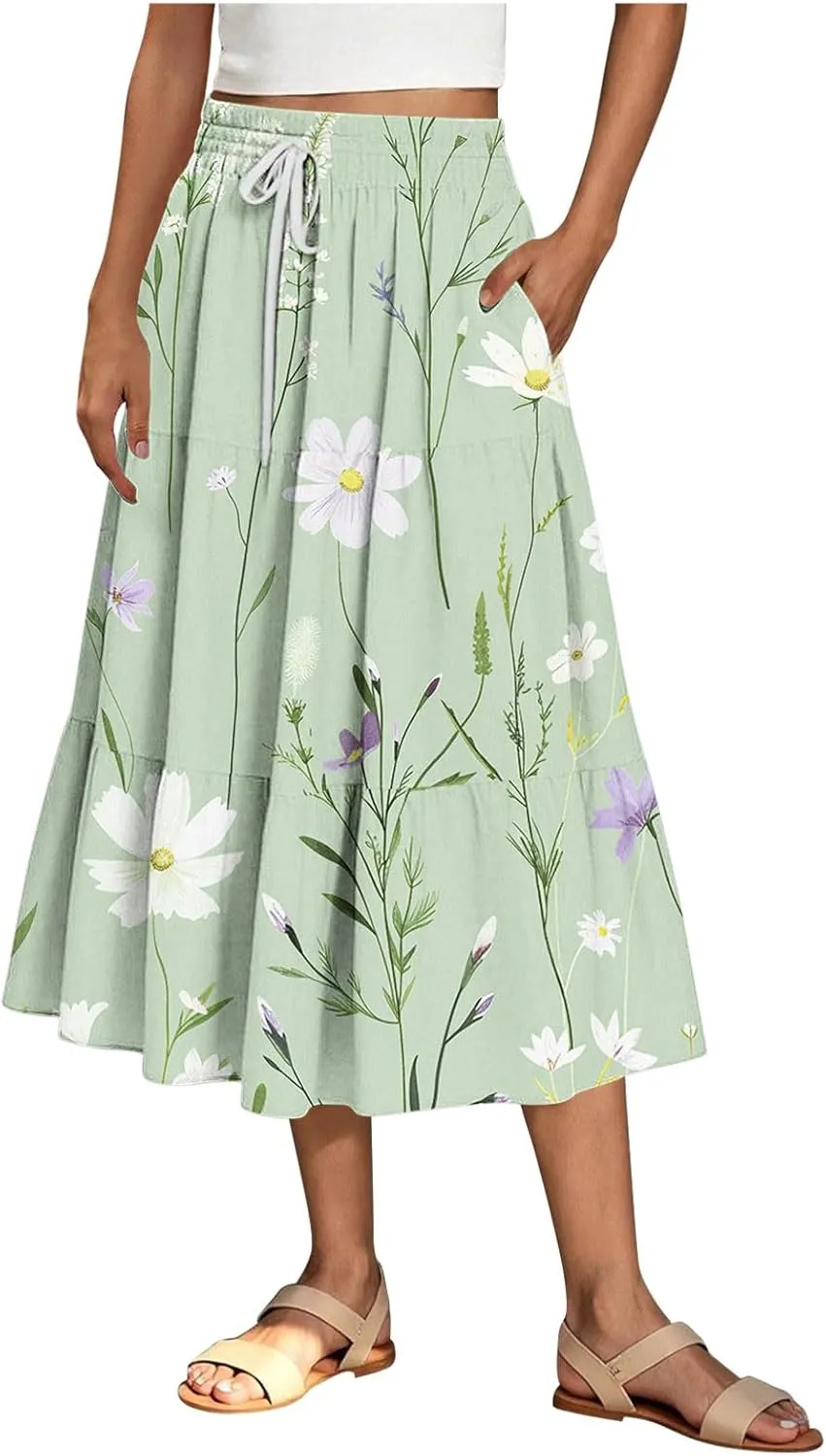 Women Floral Hawaiian Midi Skirts 2025 Summer Casual High Waist Pleated Half Dress Bohemian Skirt Beachwear